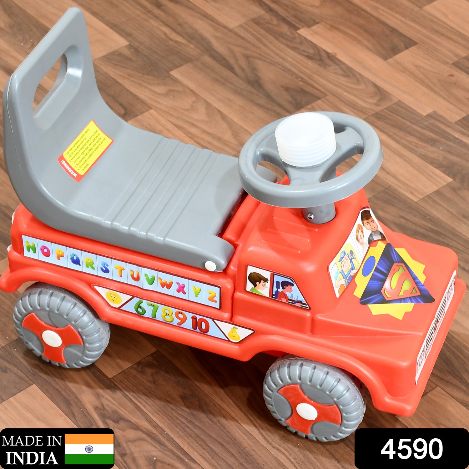 red plastic kids ride on push car with backrest and steering wheel with alphabet and number decals