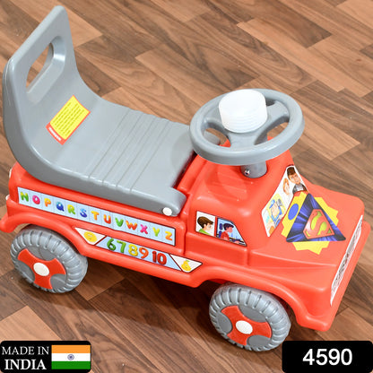 red plastic kids ride on push car with backrest and steering wheel with alphabet and number decals