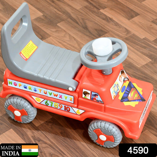 red plastic kids ride on push car with backrest and steering wheel with alphabet and number decals