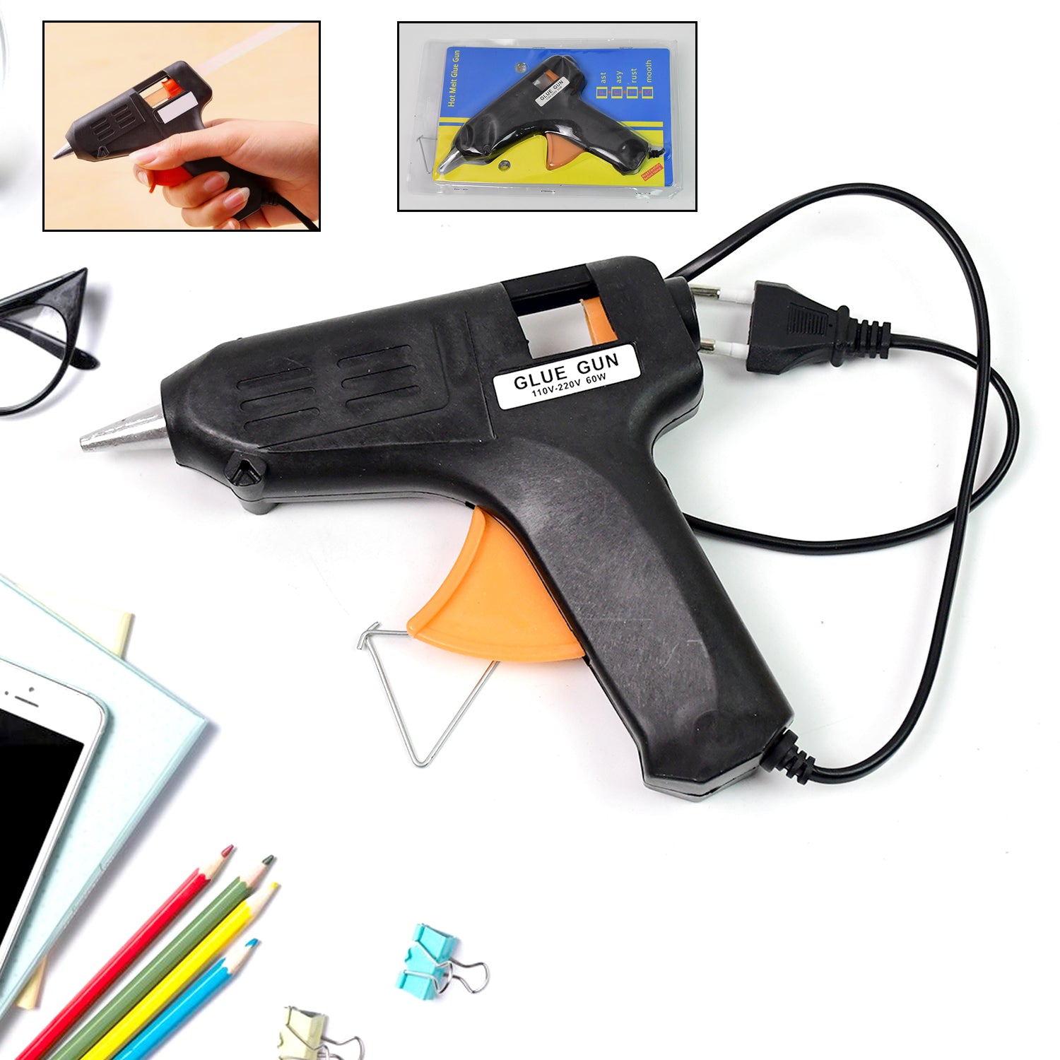 black and orange high power glue gun for DIY projects with corded plug and stand