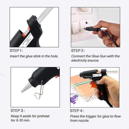 high power glue gun for DIY projects showing four step instructions insert stick plug in preheat press trigger
