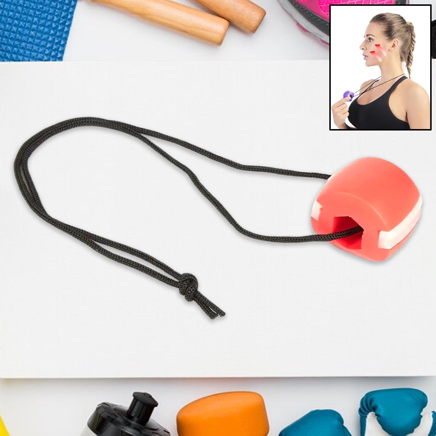 red silicone jaw workout tool for men and women on black adjustable cord with usage inset image