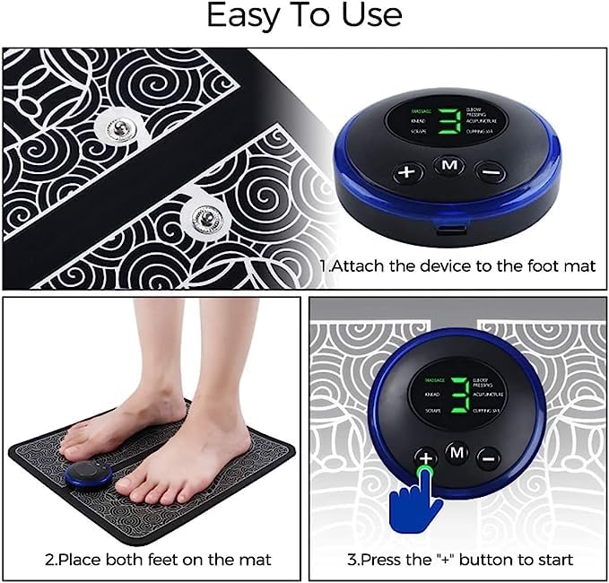 portable foot muscle stimulator machine on black foot mat with control unit and feet demonstrating use