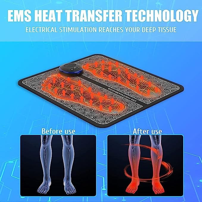 portable foot muscle stimulator machine EMS heat transfer foot pad with controller showing before and after legs
