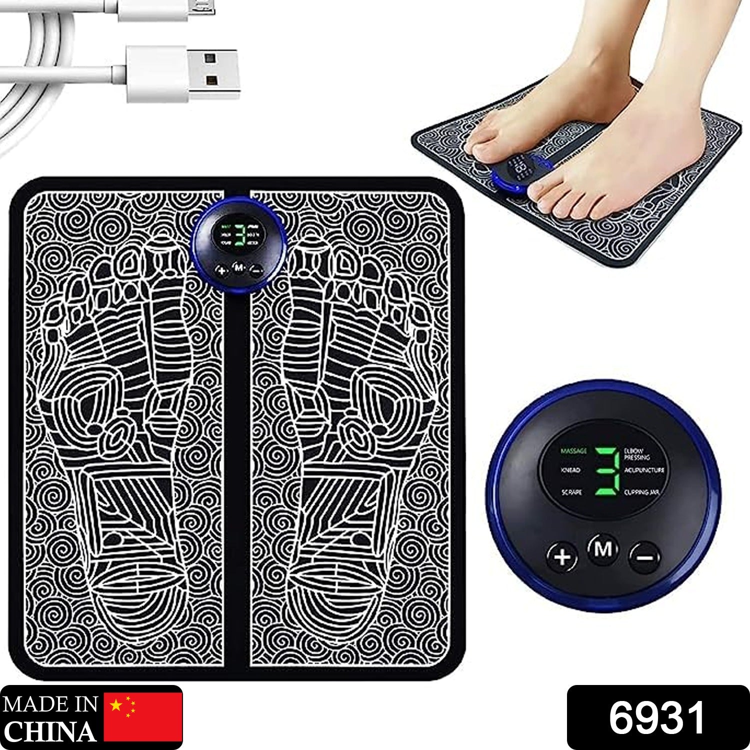 portable foot muscle stimulator machine black electrode foot pad with digital remote and USB charging cable