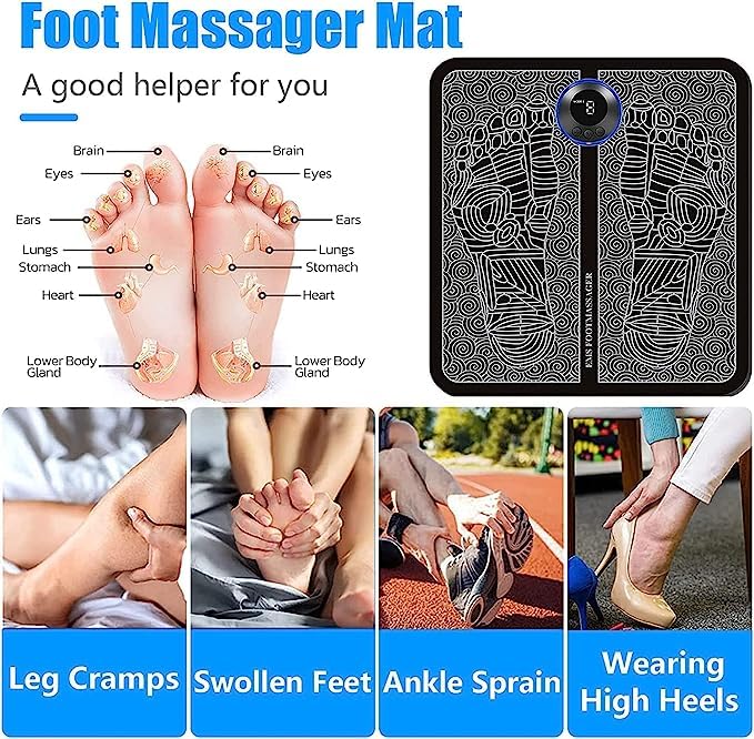 portable foot muscle stimulator machine foot massager mat showing reflexology points and use cases for leg cramps