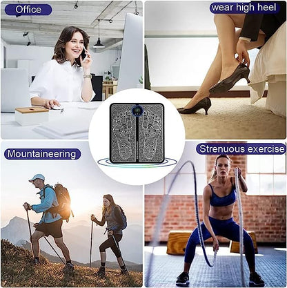 portable foot muscle stimulator machine with adhesive pads shown for office high heels hiking and workouts