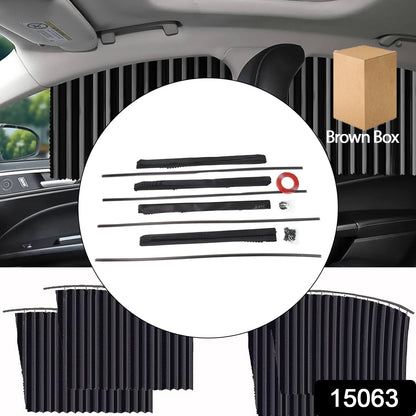 automotive black accordion car window sunshade set with mounting rails and privacy curtains