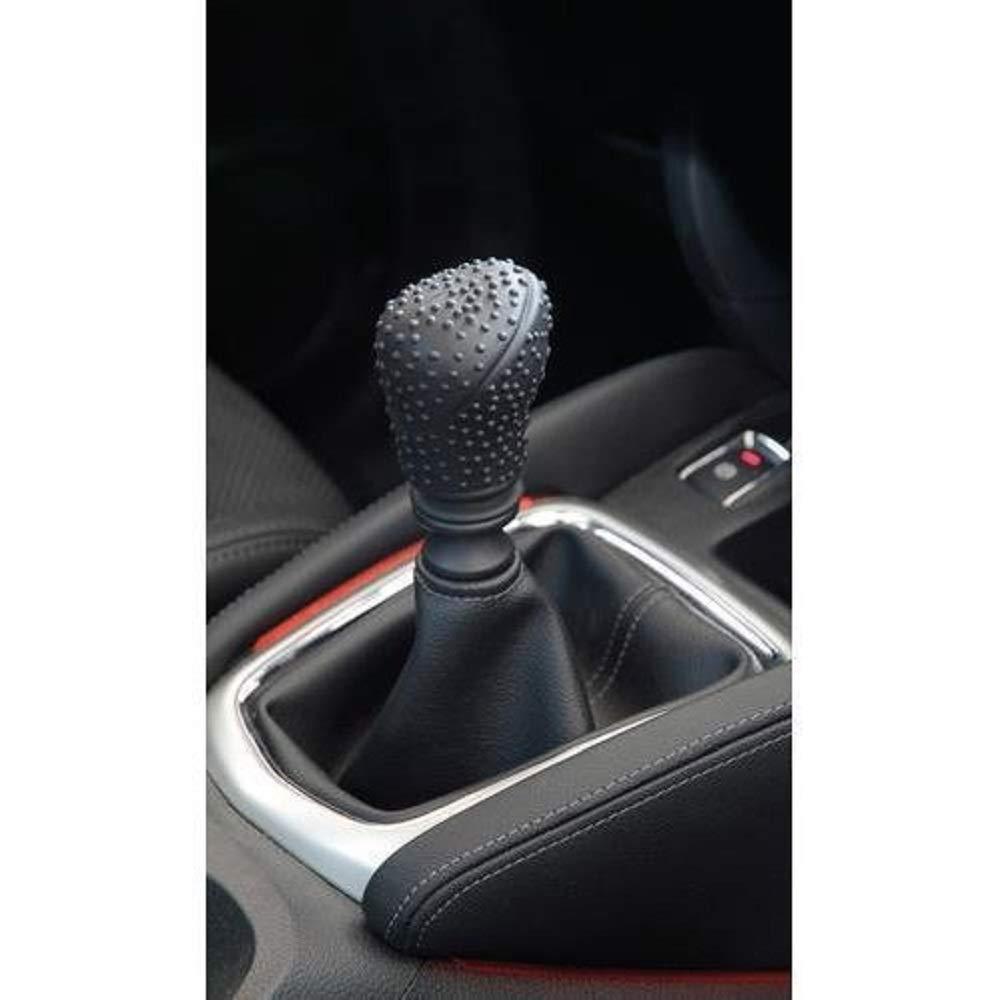 black textured car gear shift knob protector on manual shift knob with leather boot and chrome trim