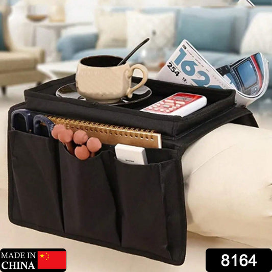 black sofa armrest organizer storage bag with tray cup holder and multiple pockets for remotes phones notebooks