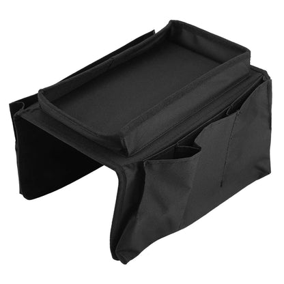 black sofa armrest organizer storage bag with raised tray top and multiple side pockets for remotes and phones