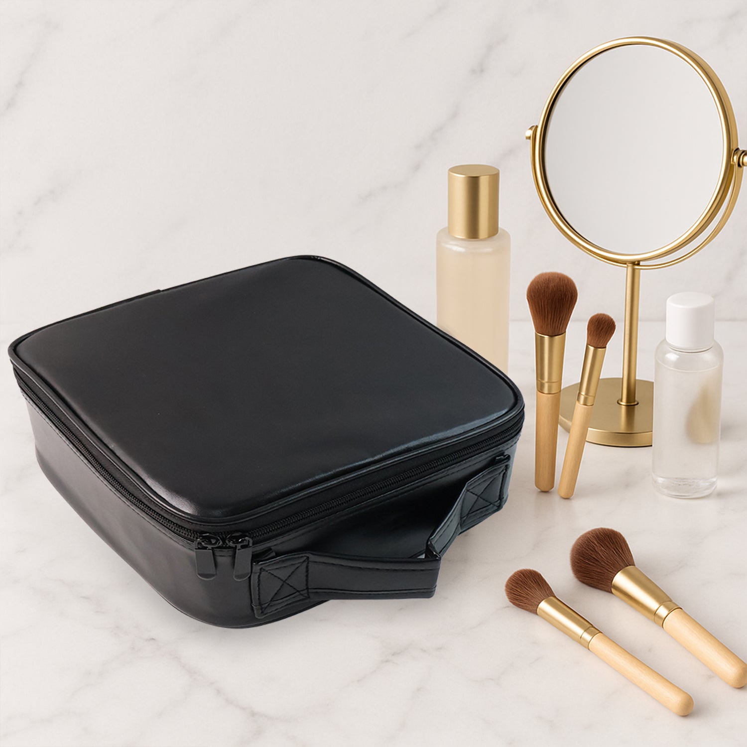 premium cosmetic storage box with lights in black zippered case on marble with makeup brushes mirror and bottles