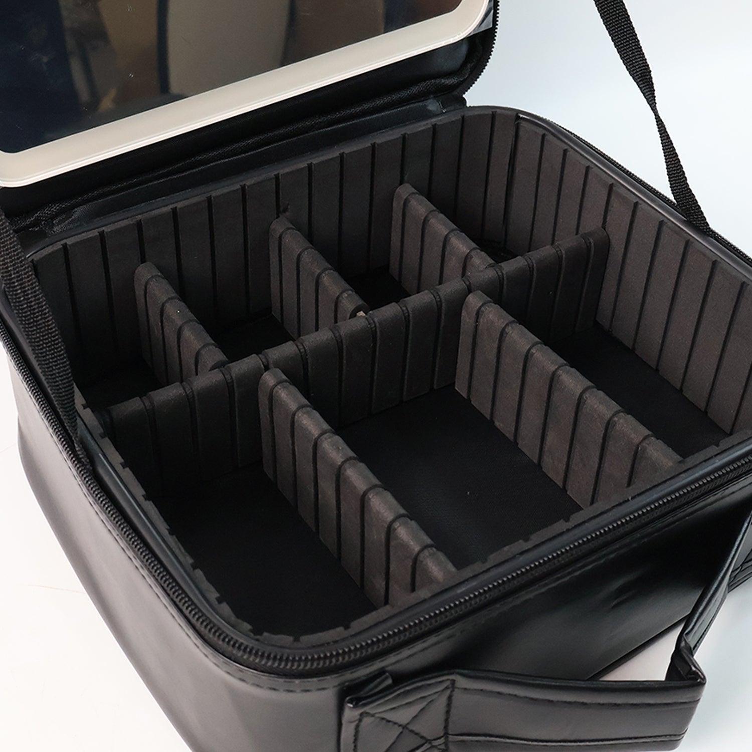 Black folding makeup case with removable foam dividers and mirror premium cosmetic storage box with lights