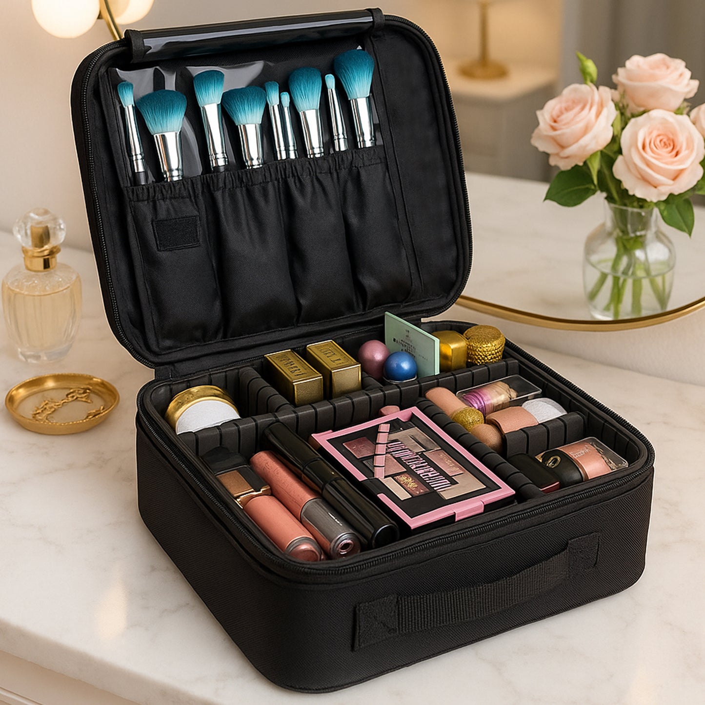 Black makeup case open with brushes and organized compartments of palettes lipsticks premium cosmetic storage box with lights