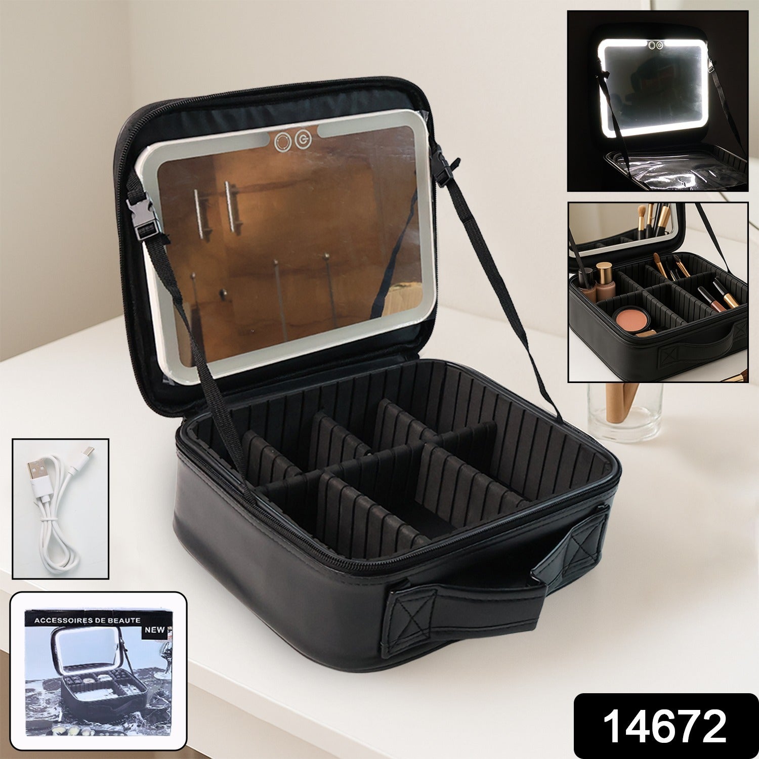 premium cosmetic storage box with lights black travel makeup case with LED mirror and adjustable dividers