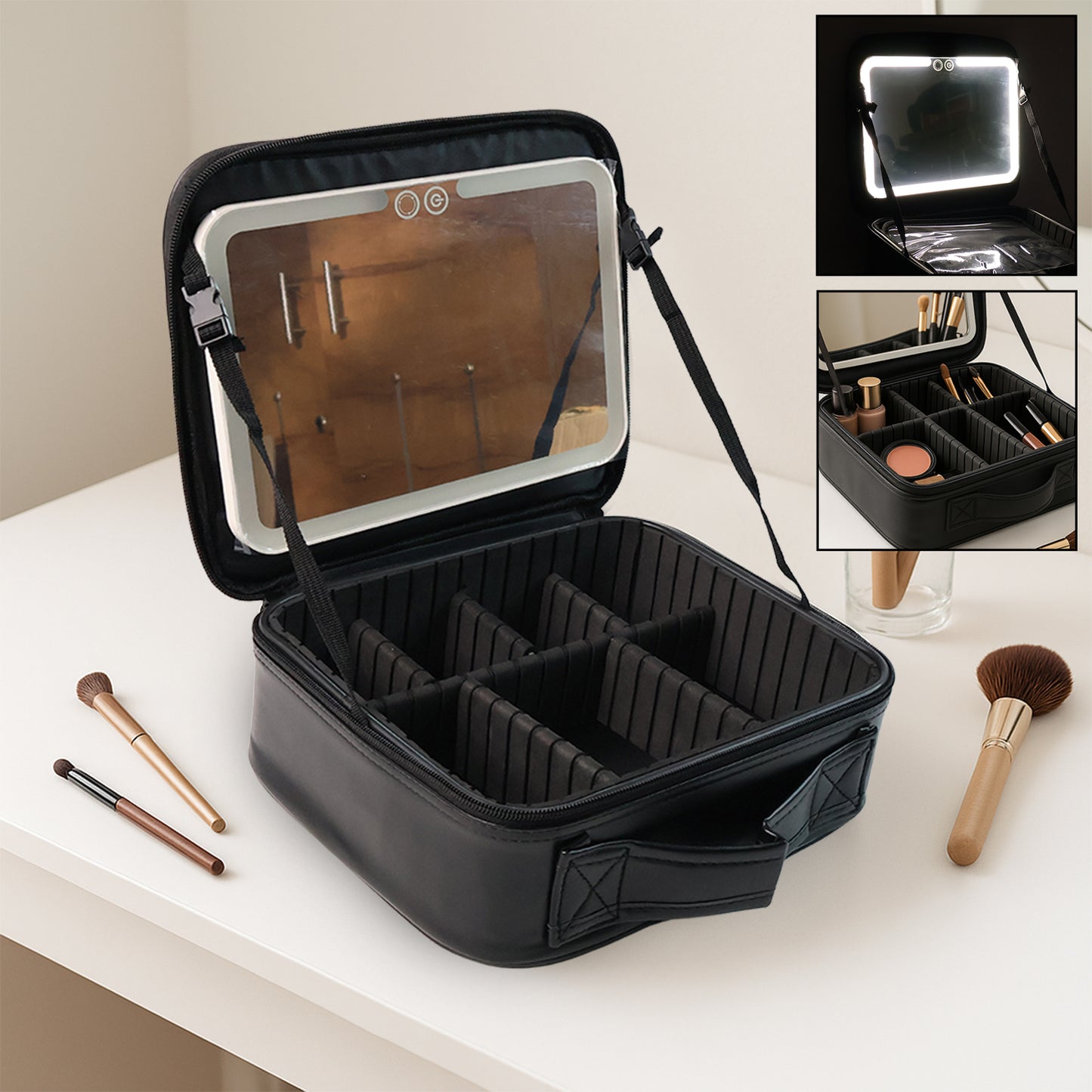 premium cosmetic storage box with lights black travel makeup case with LED mirror and adjustable compartments
