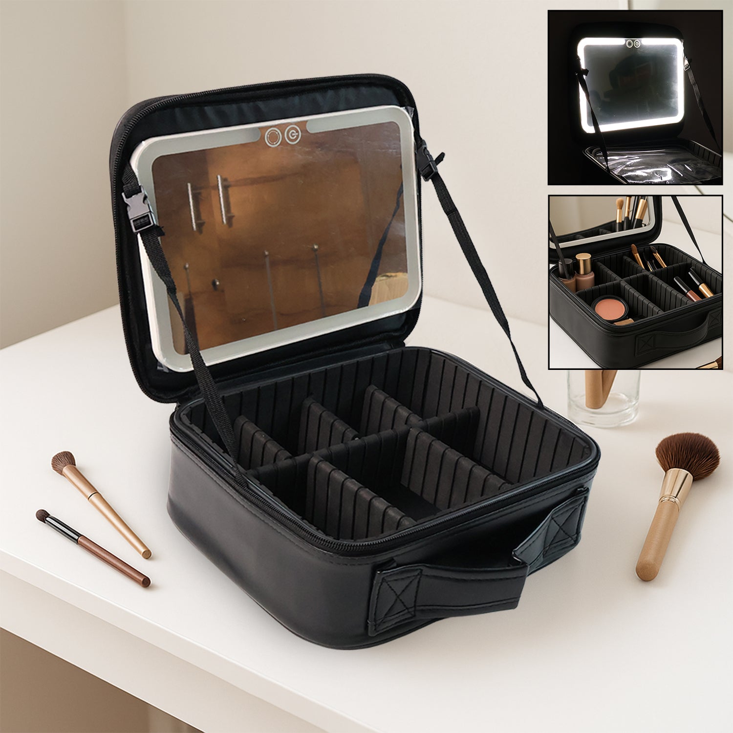 premium cosmetic storage box with lights black travel makeup case with LED mirror and adjustable compartments