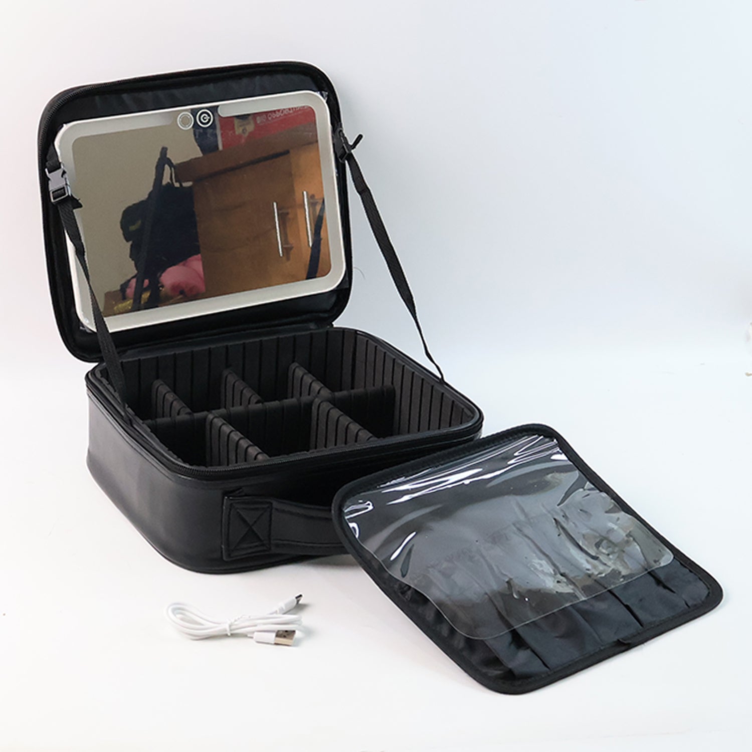 Black premium cosmetic storage box with lights LED mirror adjustable dividers and clear brush pocket