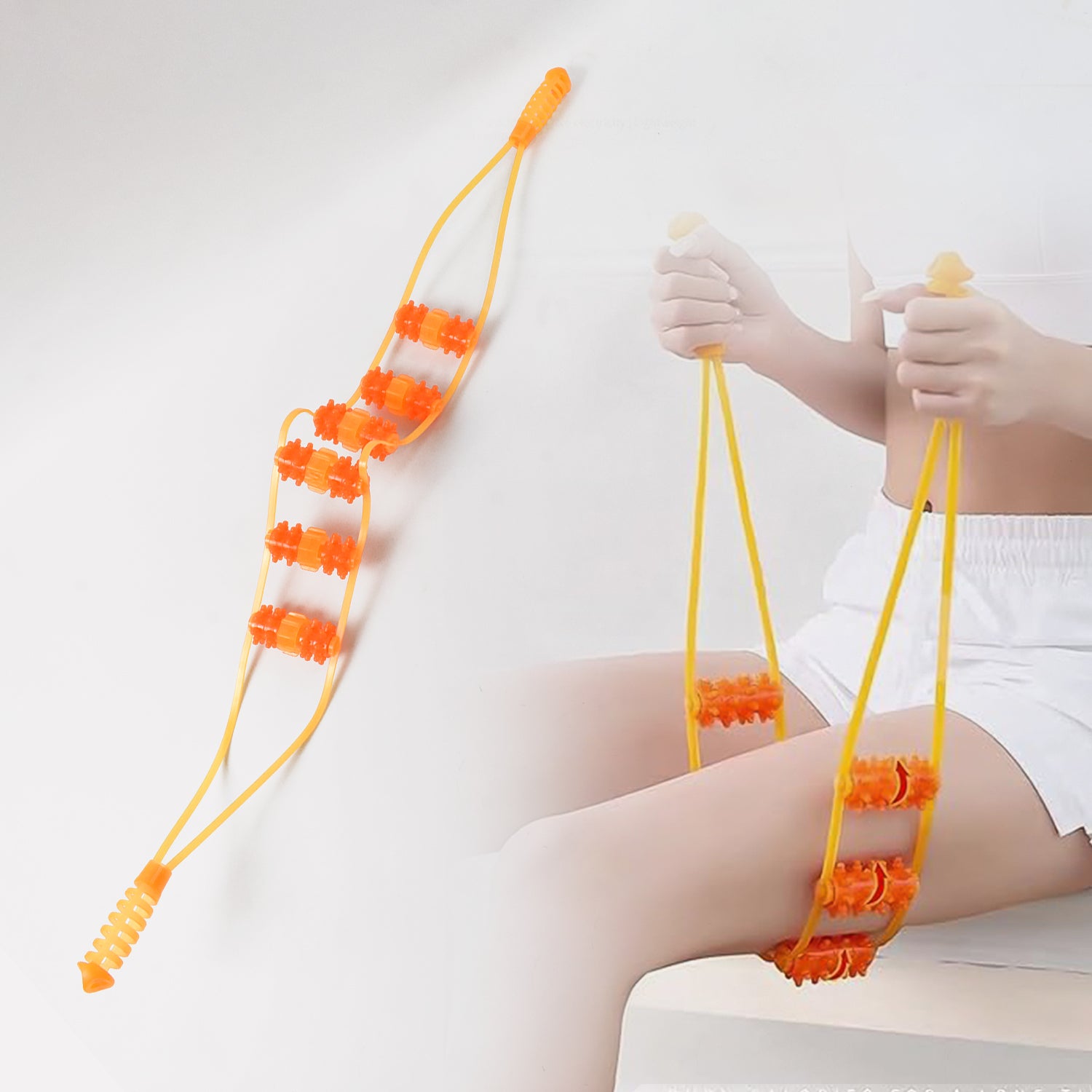 deep tissue back roller for home use orange multi wheel massager with handles shown used on thigh and back