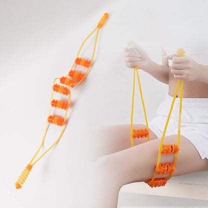 deep tissue back roller for home use orange multi wheel massager with handles shown used on thigh and back