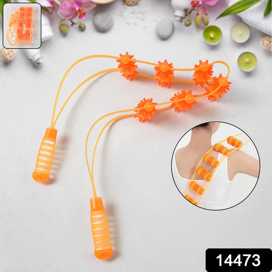 orange dual handle spiked massage device with knobs and inset user image deep tissue back roller for home use