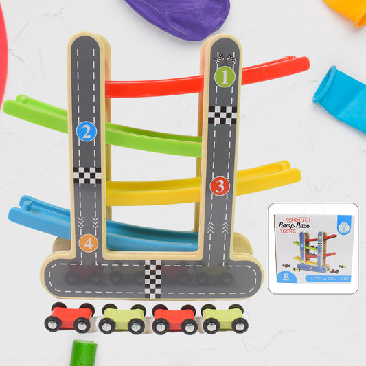 wooden car racer track play set colorful four level ramp with four wooden toy cars for toddlers