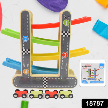 Wooden car racer track play set colorful four level wooden ramp with four toy cars