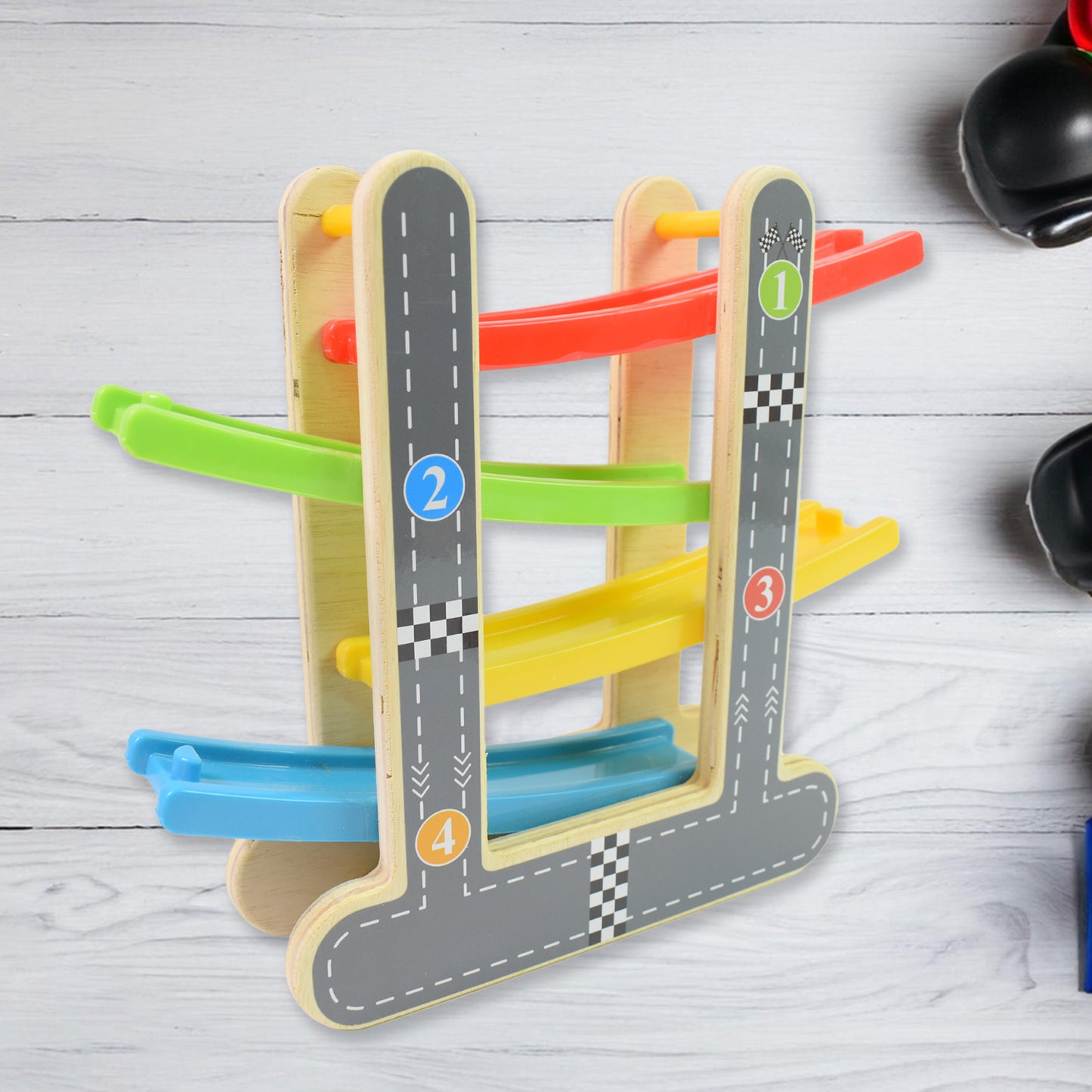 wooden car racer track play set colorful four level ramp with numbered lanes and wooden supports