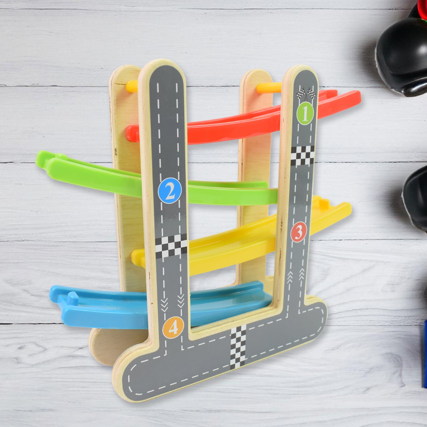 wooden car racer track play set colorful four level ramp with numbered lanes and wooden supports
