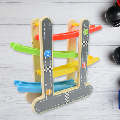 wooden car racer track play set colorful four level ramp with numbered lanes and wooden supports