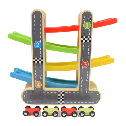 wooden car racer track play set with colorful four tier ramps numbered lanes and five small wooden cars