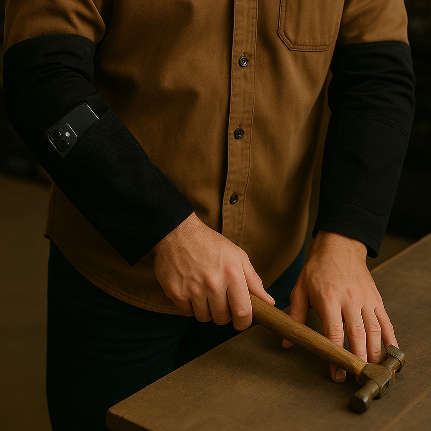 durable arm protection sleeves black with phone pocket shown on worker using hammer in workshop