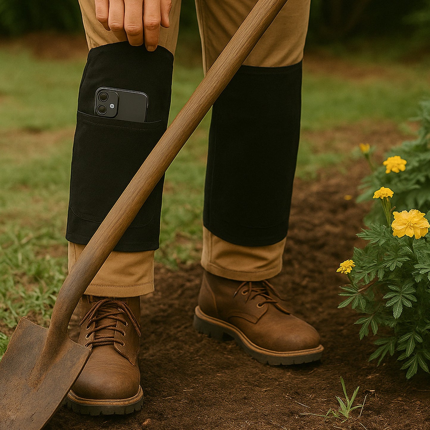 durable arm protection sleeves in black worn on lower legs for gardening with phone pocket and shovel