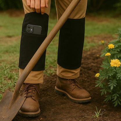 durable arm protection sleeves in black worn on lower legs for gardening with phone pocket and shovel