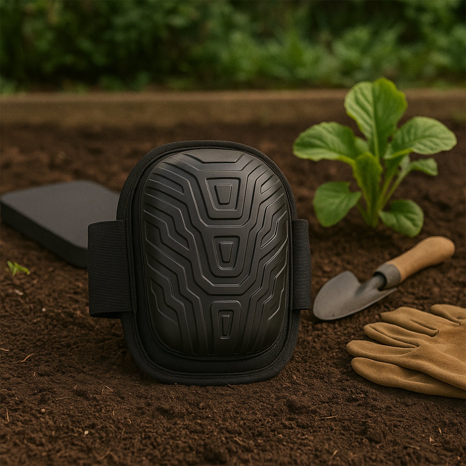 black shock-resistant knee pads for construction with adjustable strap and textured shell