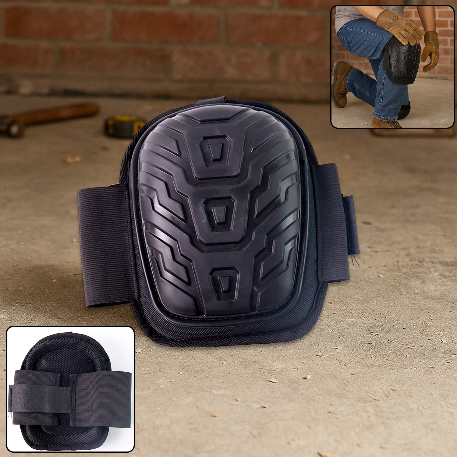 shock-resistant knee pads for construction with hard shell protective cap and adjustable straps