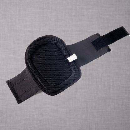 black cushioned shock-resistant knee pads for construction with adjustable strap and breathable mesh